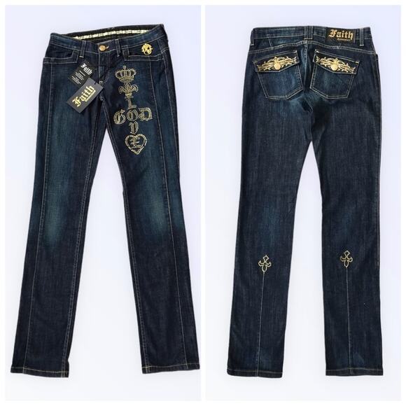 Faith Connextion NWT Rhinestone Gold & Blue Jeans 'Love God' Karla Size 29 - Picture 1 of 11